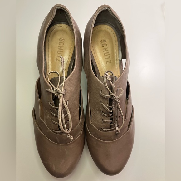 Schultz Taupe Cut Out Wooden Wedge Platform Lace Up Shoes Size 8.5B Boho Mod - Picture 7 of 16